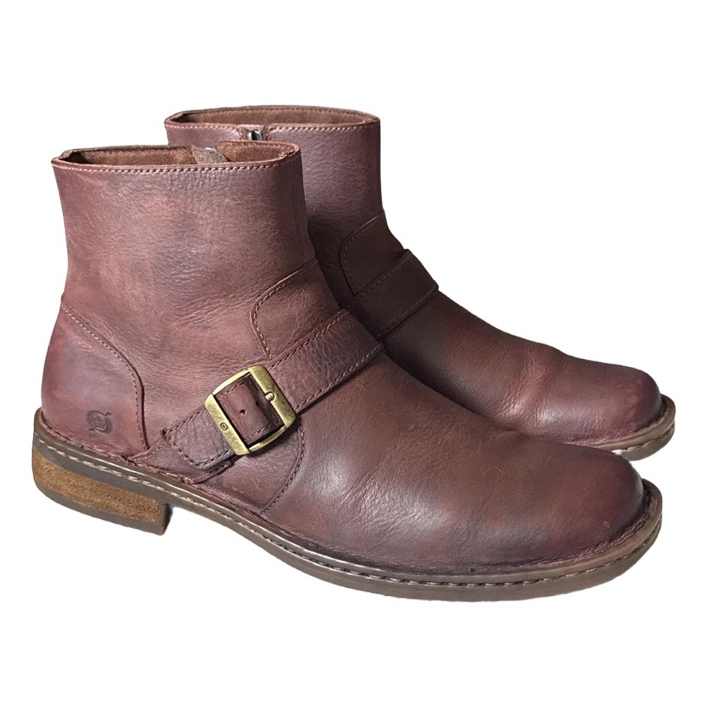Born Mens BM0009823 Leather Moto Ankle Boots Brown Buckle Zip 10.5M Comfort